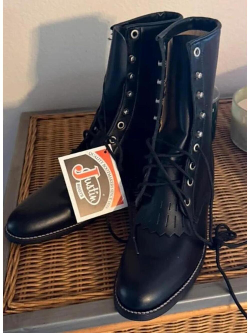 Justin Roper Boots Black Lace Up Western Riding Boots Women's 8.5 New In Box